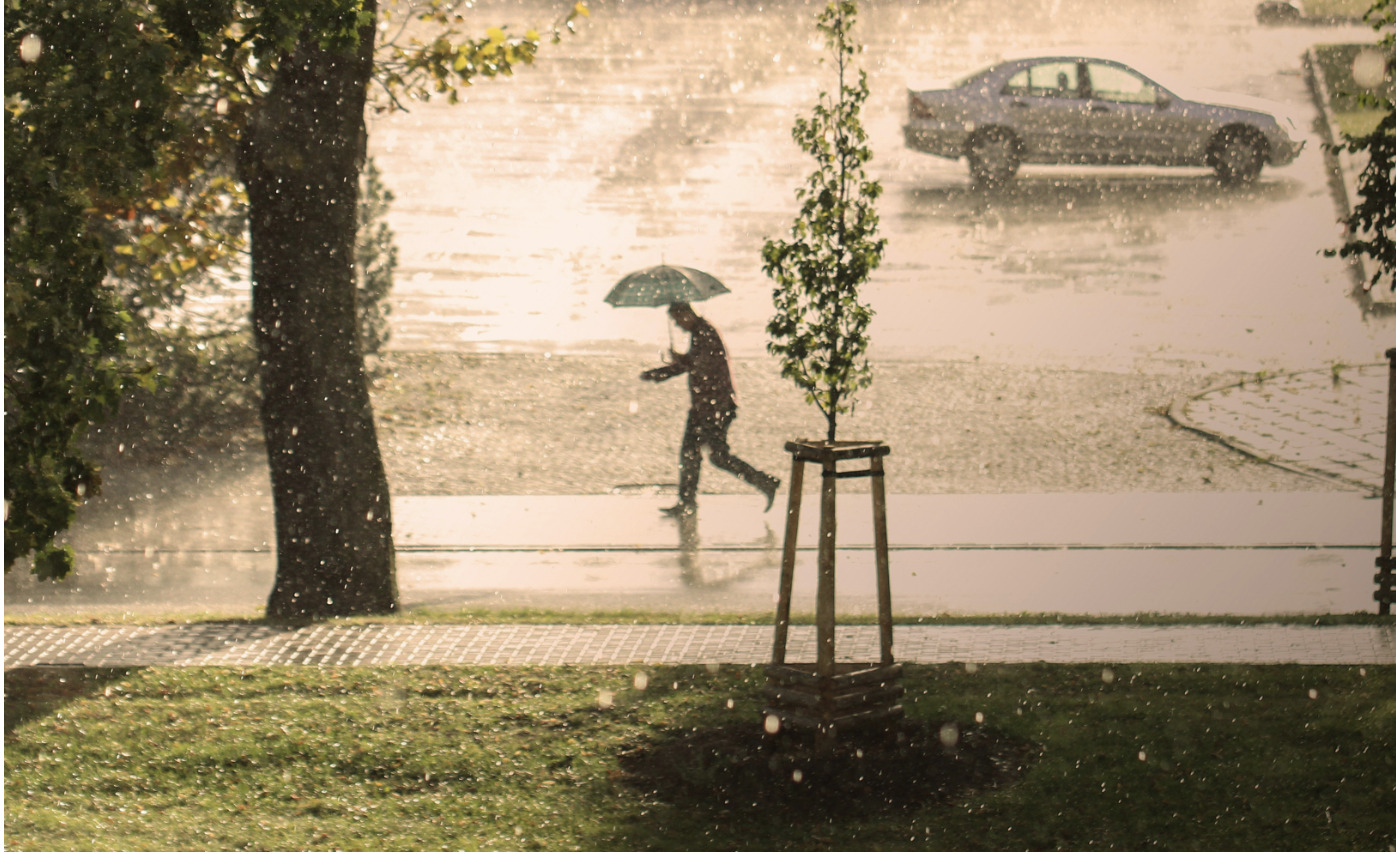człowiek pod parasolem na ulicy